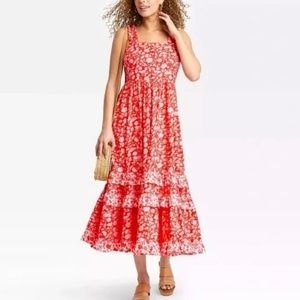 Universal Thread Red and White Floral Print Smocked Tiered Tank Dress